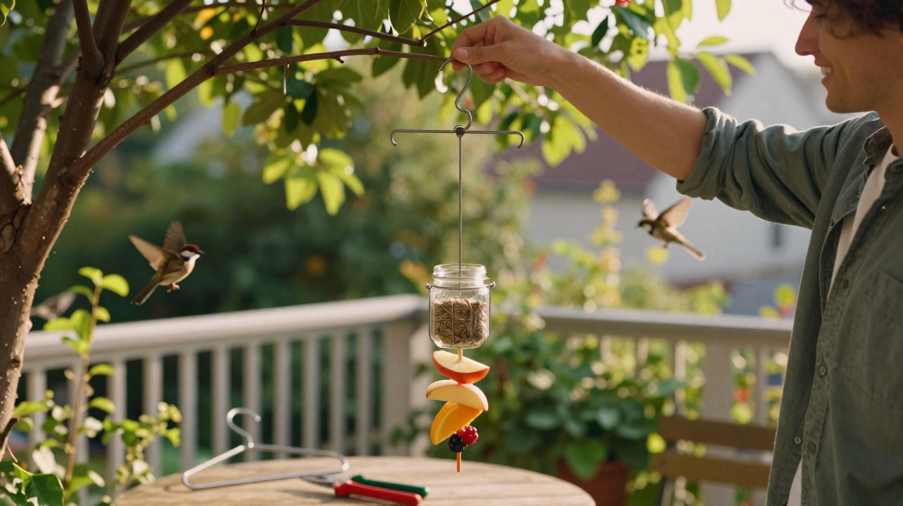 Pessoa a pendurar comedouro artesanal com frutas e sementes para pássaros no jardim ensolarado.