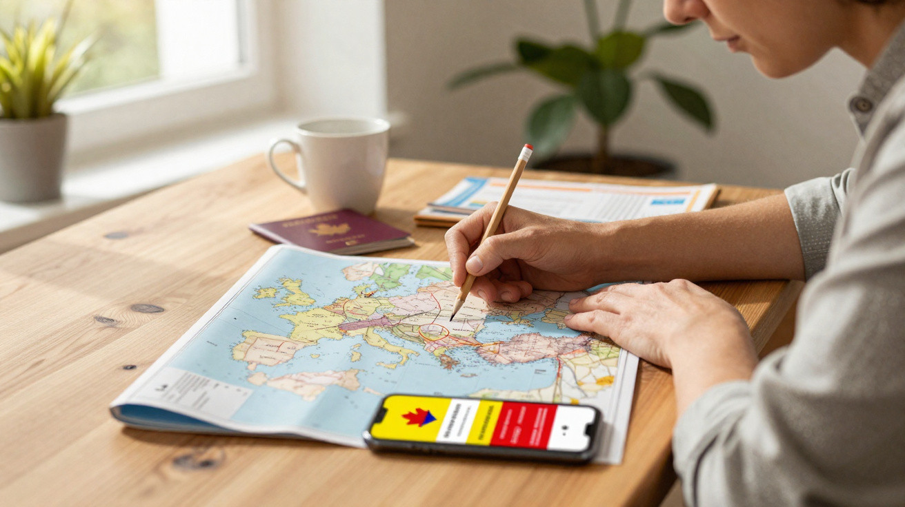 Pessoa a escrever num mapa da Europa numa mesa com passaporte, telemóvel e caneca ao fundo.