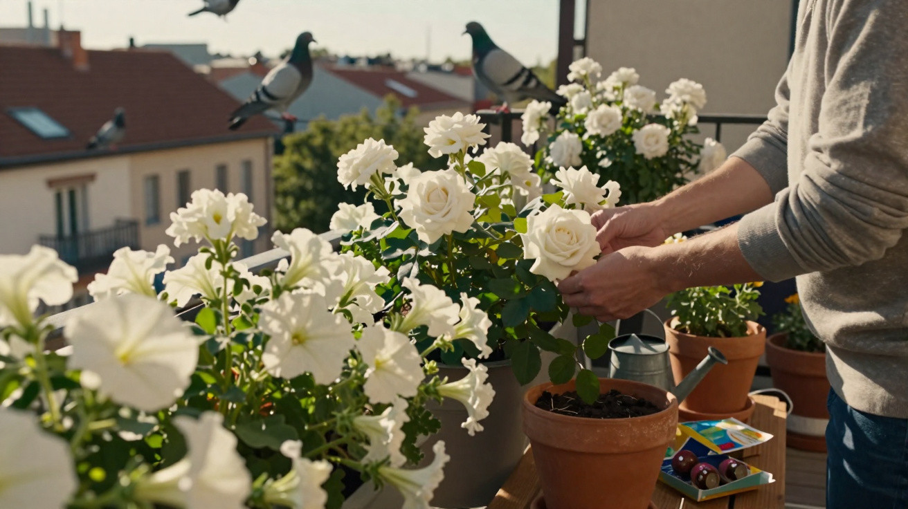 Pessoa a cuidar de rosas brancas num vaso num terraço com pombos e outras flores brancas ao fundo.