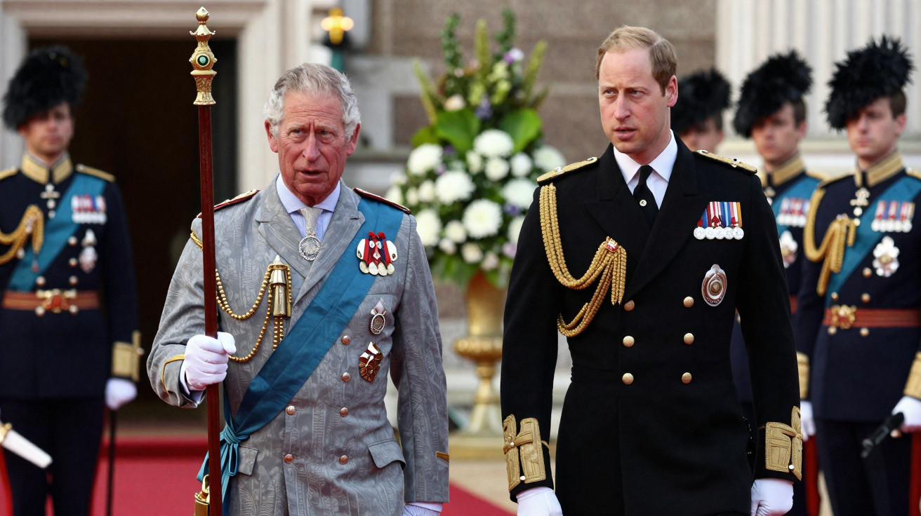Dois homens vestidos com uniformes cerimoniais militares, um segurando um bastão, com guardas ao fundo.