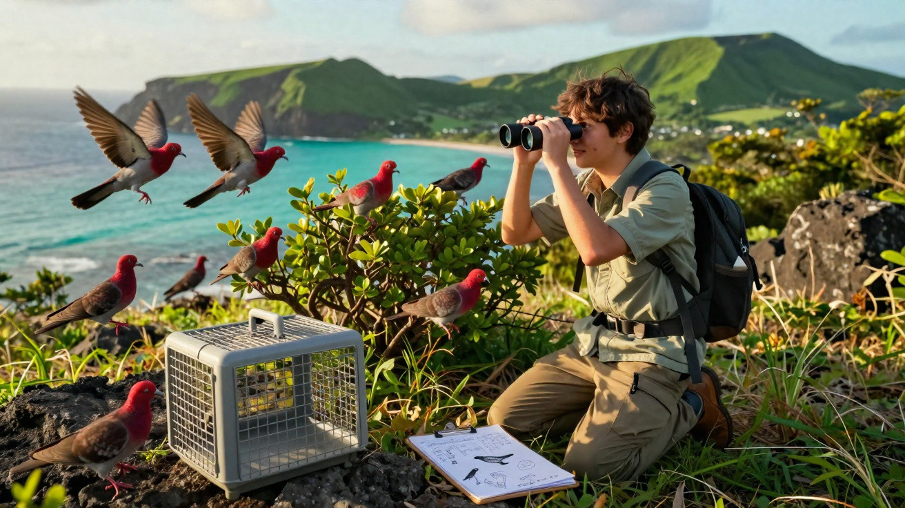 Jovem observa aves vermelhas perto da costa, com binóculos, caderno e gaiola ao ar livre.