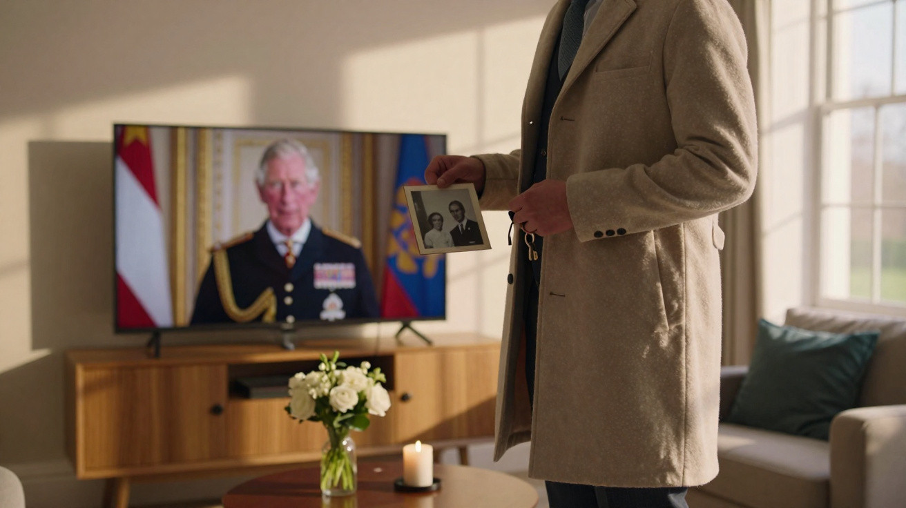 Pessoa de casaco bege segura uma fotografia frente à TV com um homem em uniforme militar decorado.