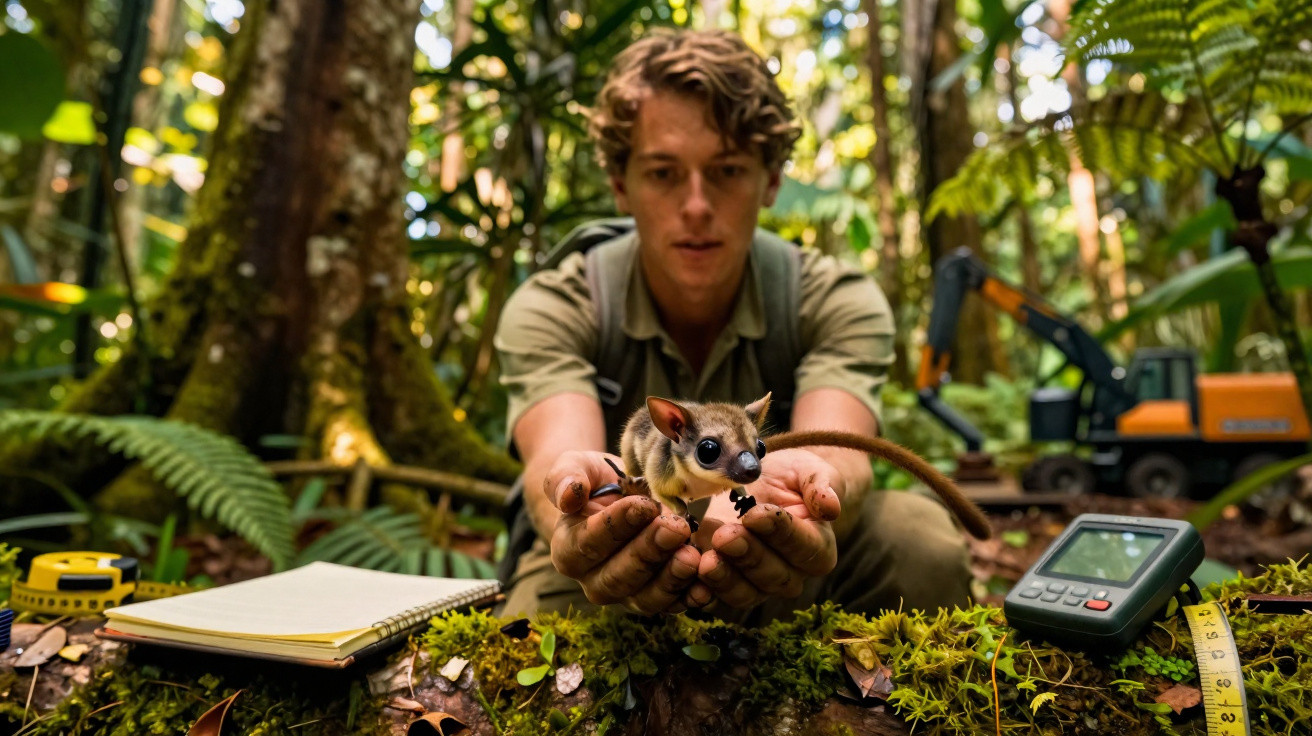 Jovem cientista segura pequeno animal na floresta com equipamento de estudo e maquinaria ao fundo.