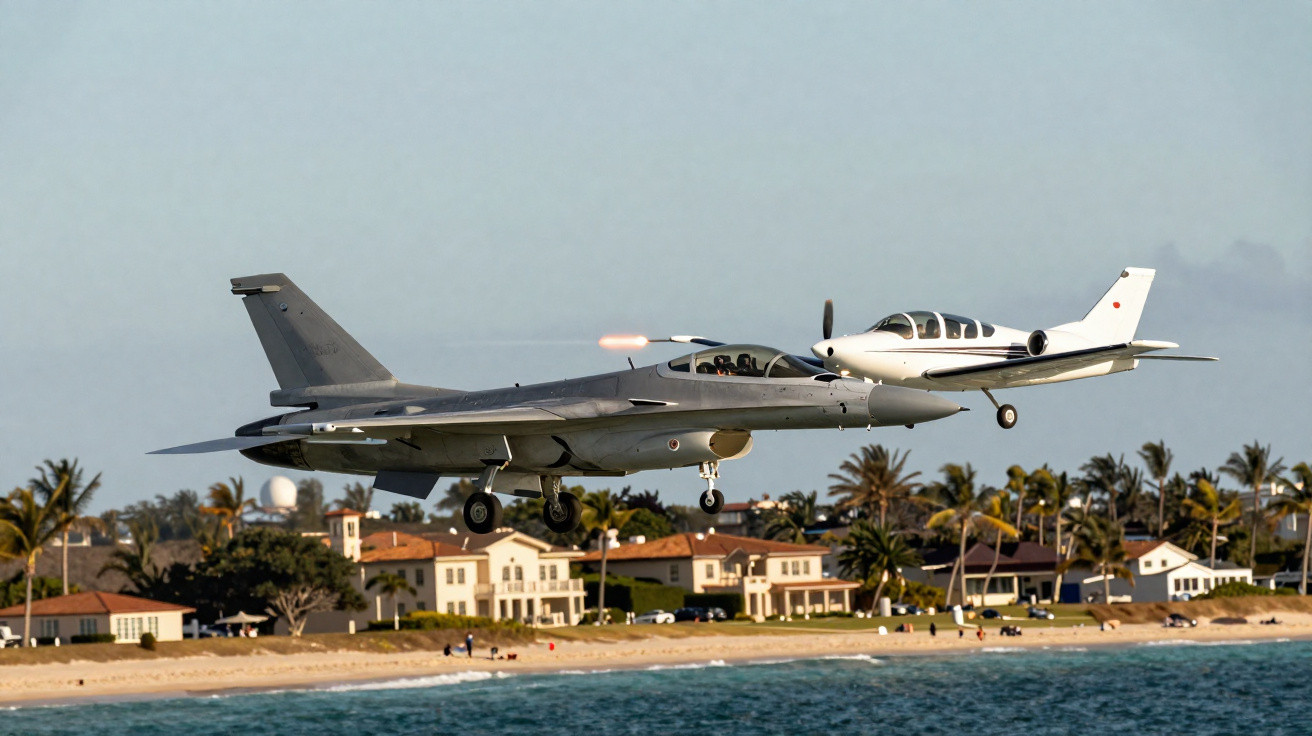 Caça militar e avião pequeno a voar próximos sobre costa com casas e árvores.
