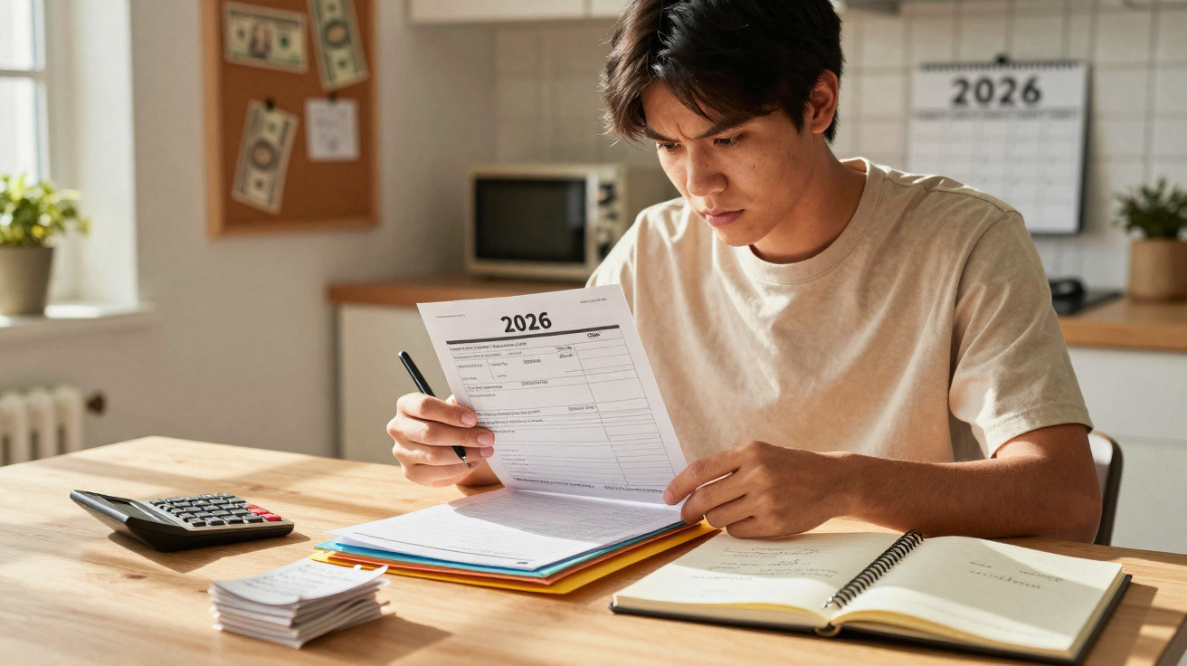 Jovem a analisar documentos financeiros de 2026 numa mesa com calculadora e cadernos numa cozinha iluminada.