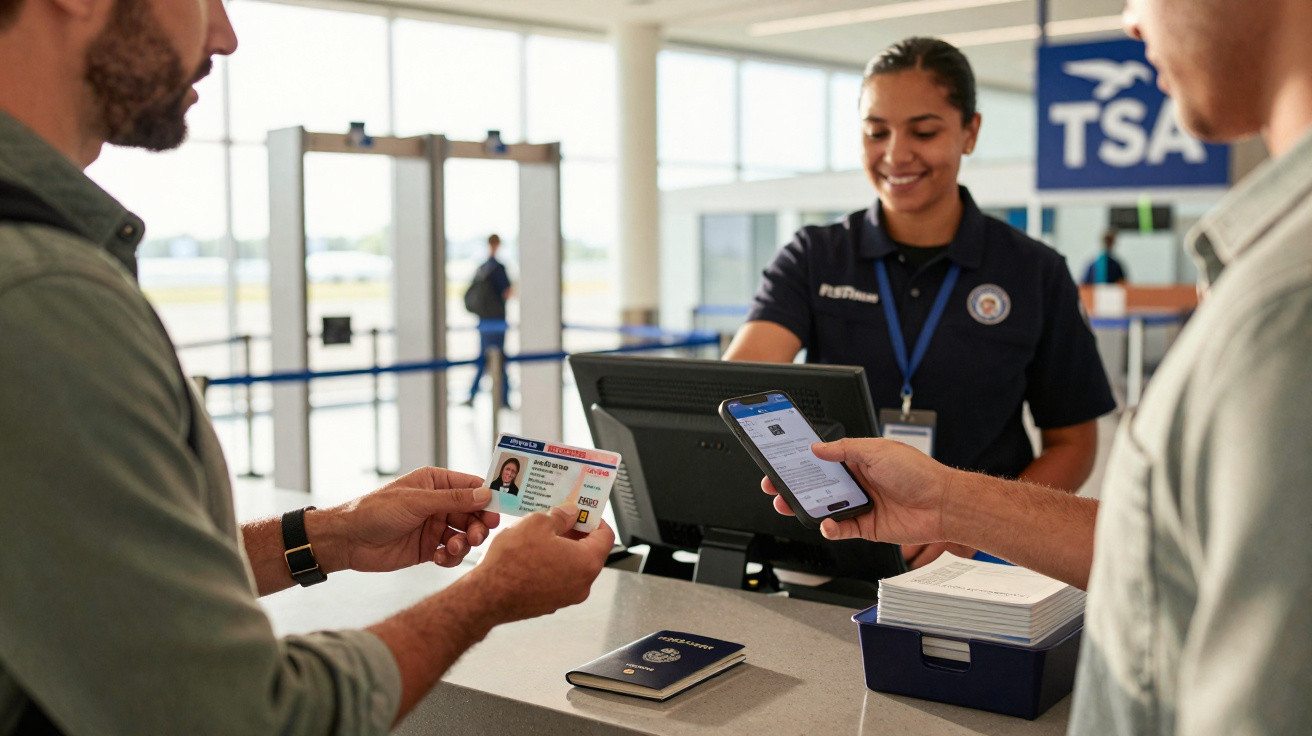 Passageiros a apresentar documentos e telemóvel a funcionária TSA num controlo de segurança no aeroporto.