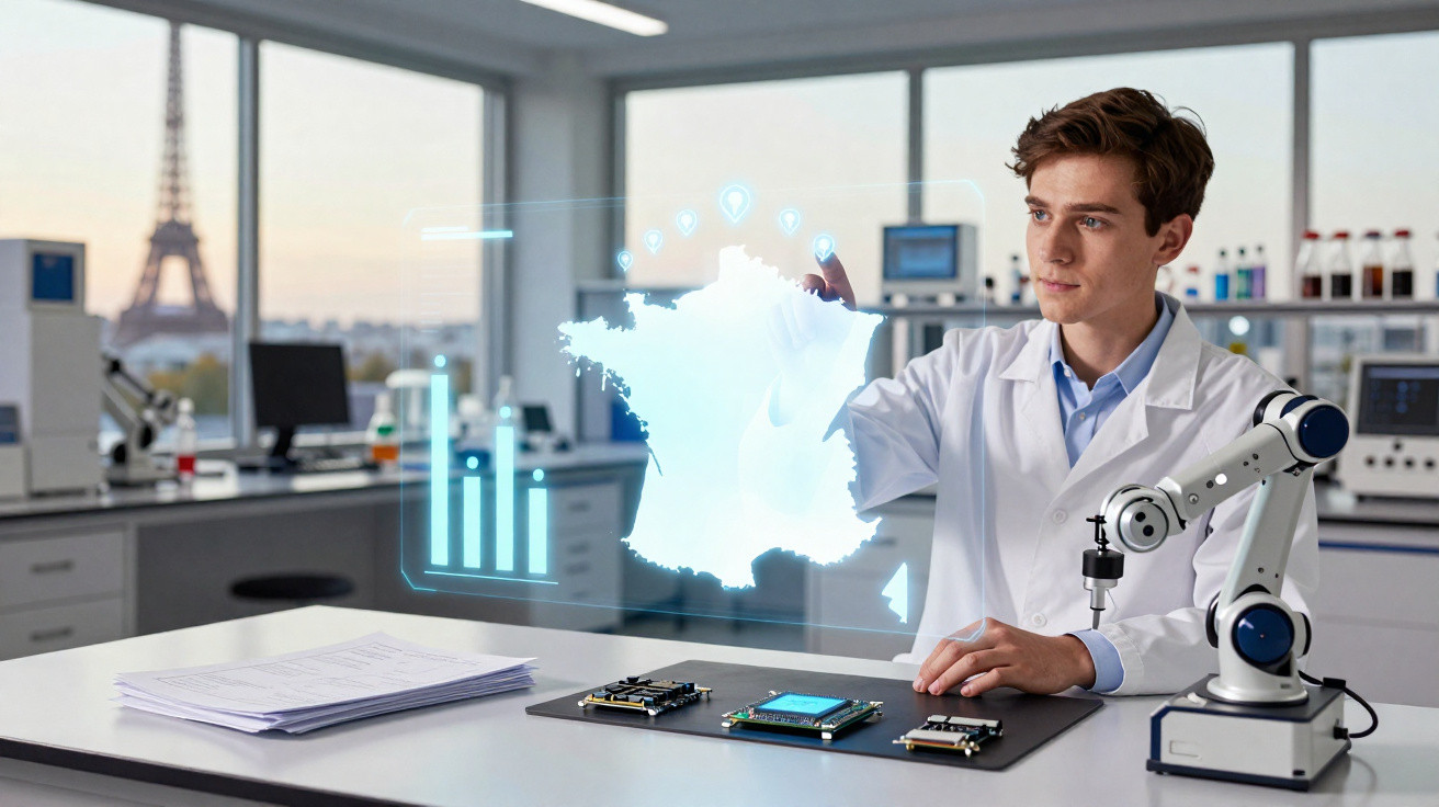 Jovem cientista num laboratório interage com mapa digital da França, com Torre Eiffel ao fundo.