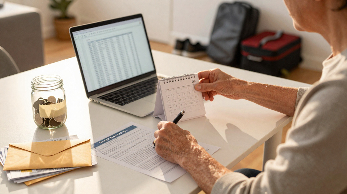 Pessoa a consultar um calendário, com laptop, documentos e cofre de moedas sobre a mesa.