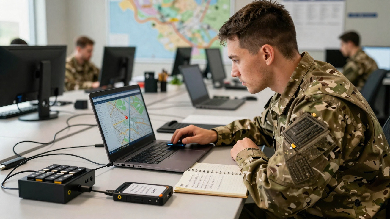 Soldado focá em mapa num portatil, sala de operações com outros militares ao fundo.