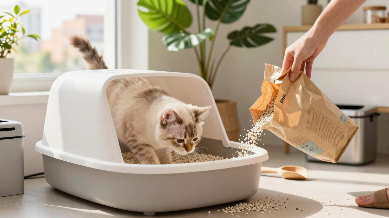 Gato cinzento dentro de caixa de areia enquanto dono despeja areia nova no interior.
