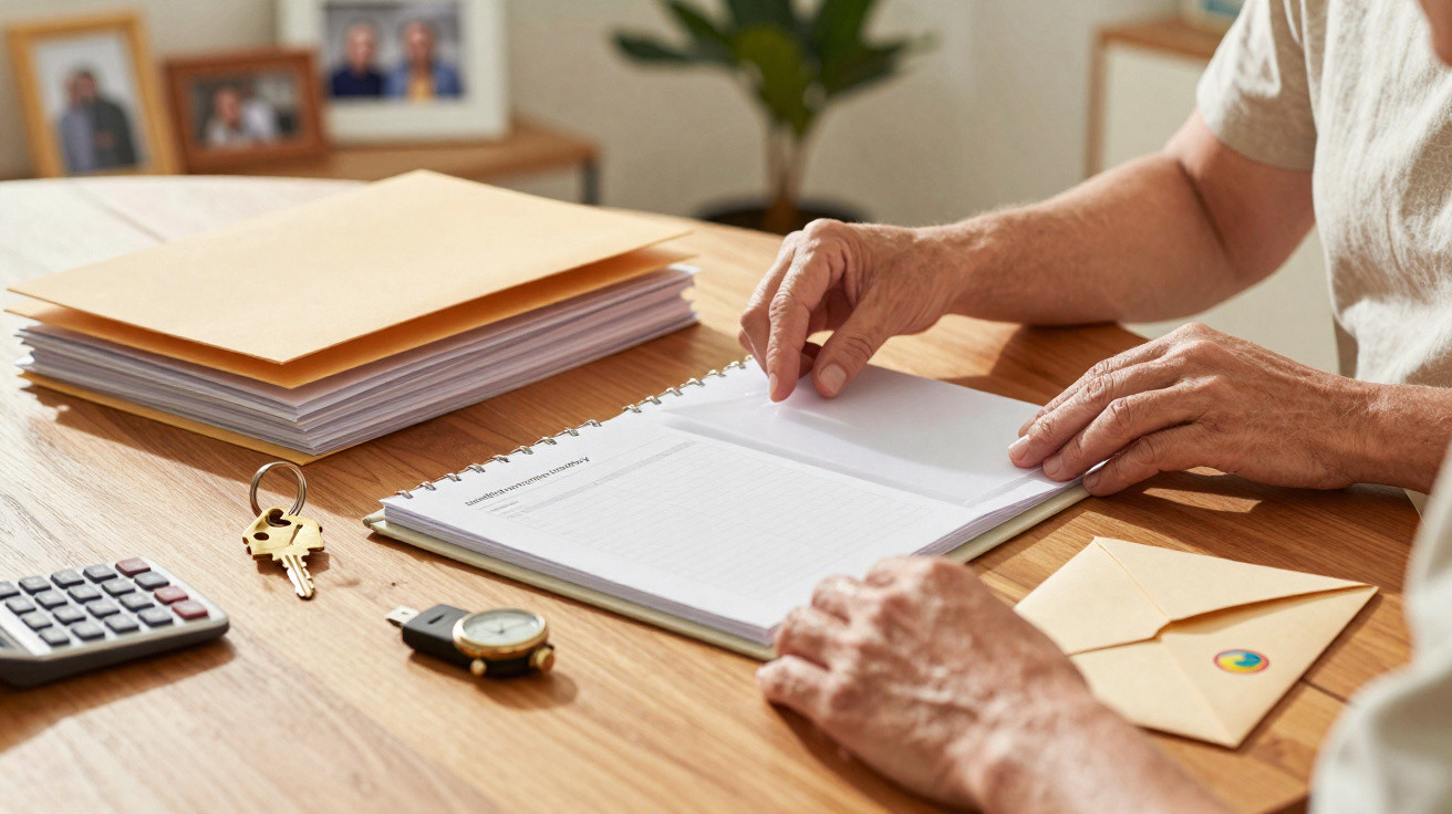 Mãos de pessoa idosa a folhear documento numa mesa com calculadora, chaves e envelopes.