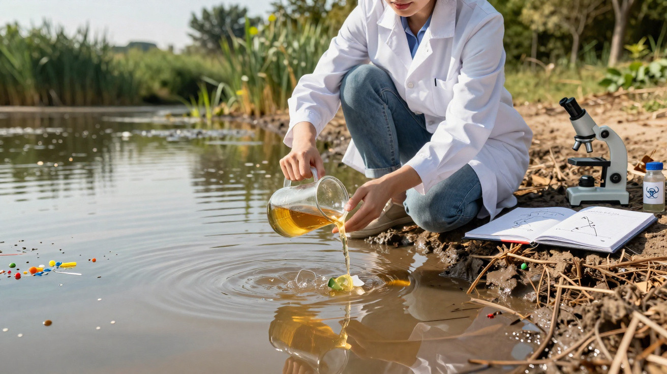 Cientista criança com bata branca a verter líquido amarelo num lago para estudar a água, com microscópio e caderno.