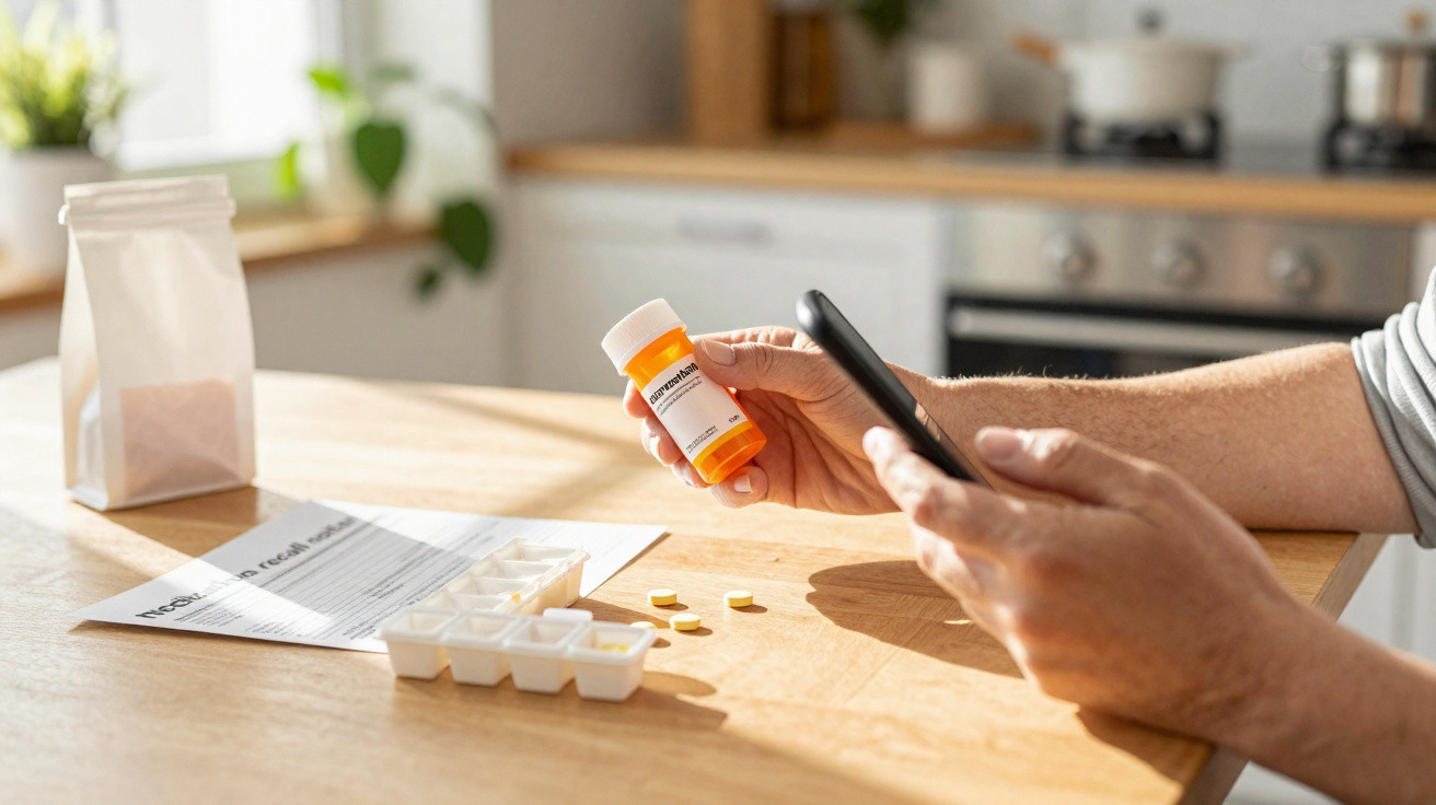 Pessoa verifica dose de medicamento e consulta informação num smartphone numa cozinha bem iluminada.