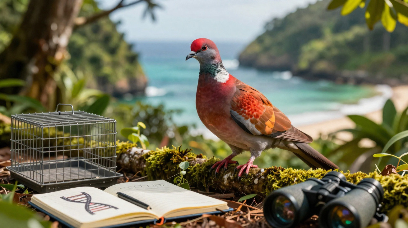 Pomba vermelha sobre tronco com caderno, gaiola e binóculos, com praia e mar ao fundo.