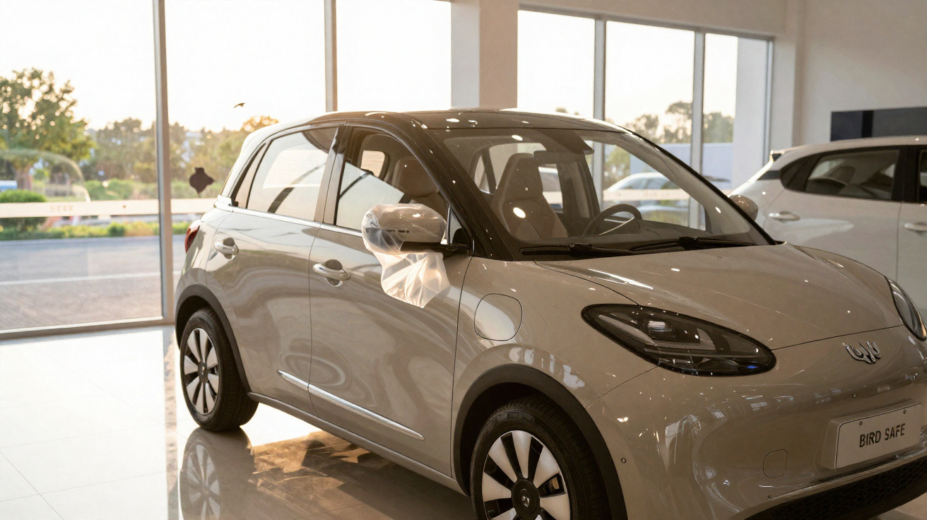 Carro elétrico cinza estacionado dentro de uma concessionária com janelas grandes ao fundo.