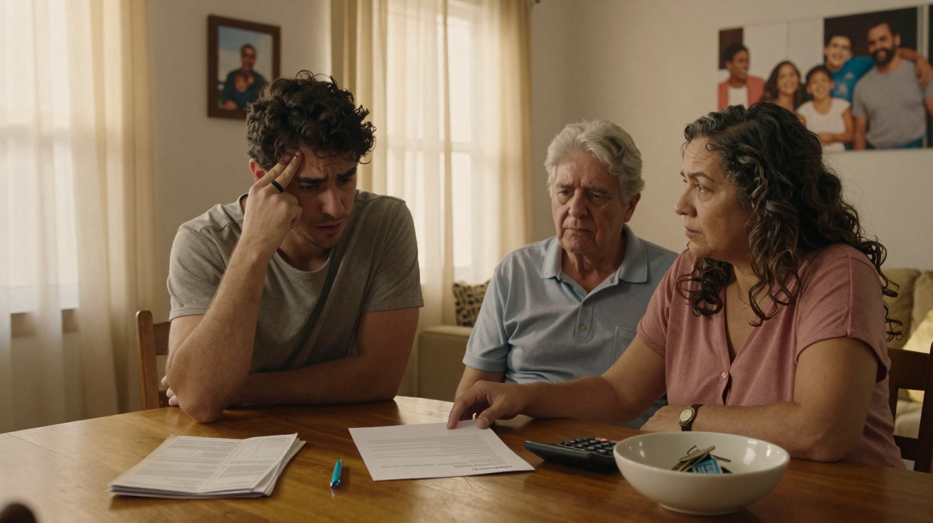 Três pessoas sentadas à mesa, preocupadas, a analisar documentos e calcular despesas em casa.