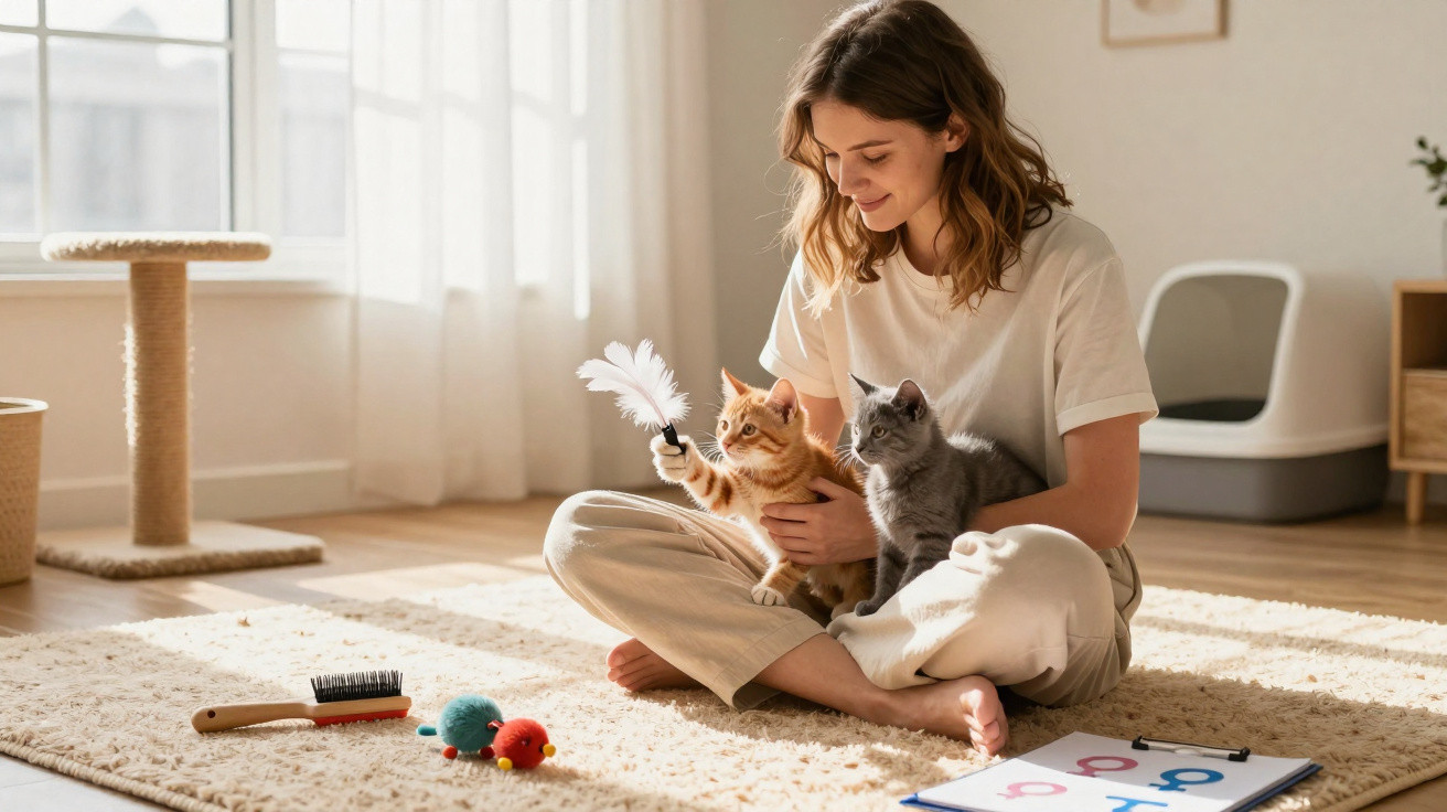 Mulher sentada no chão brincando com dois gatos em ambiente luminoso e acolhedor.