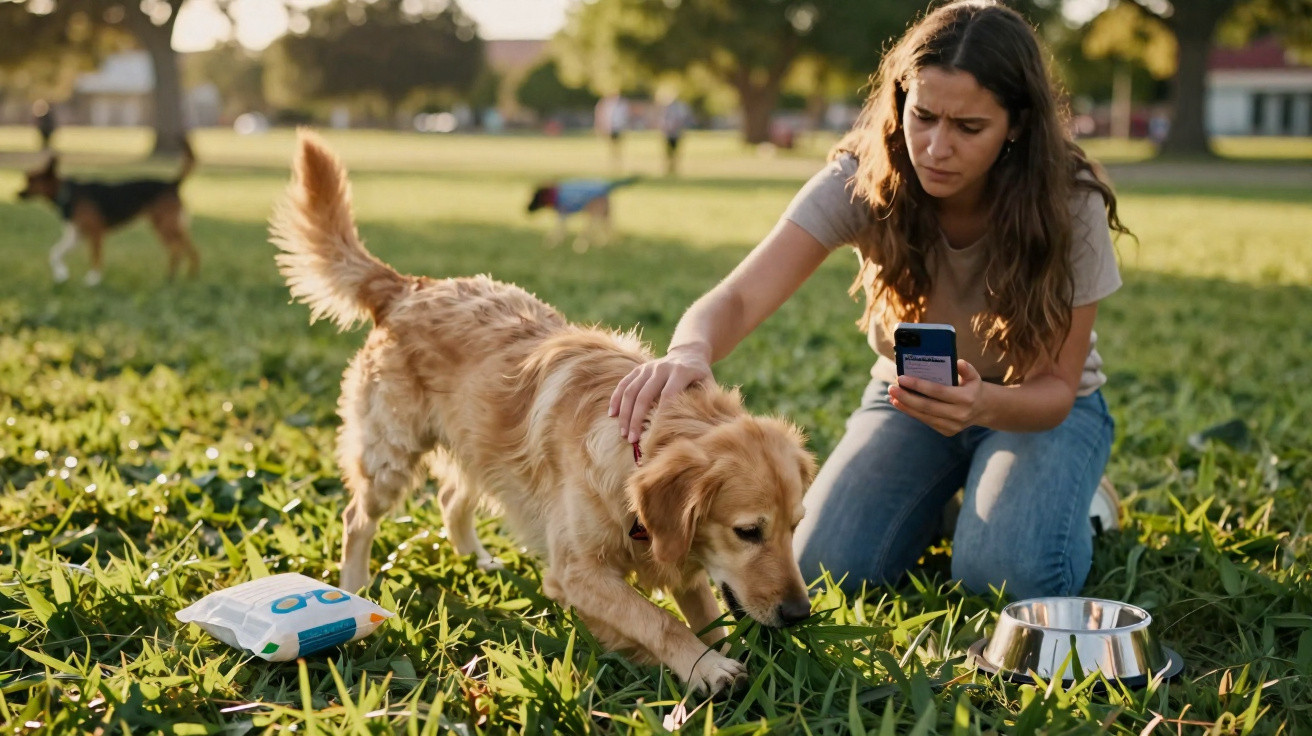 Mulher ajoelhada num parque a dar atenção a um cão dourado que está a cheirar a relva.