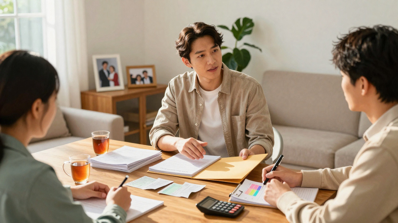Três pessoas sentadas à volta de uma mesa a discutir documentos e a escrever, com chá e calculadora na mesa.