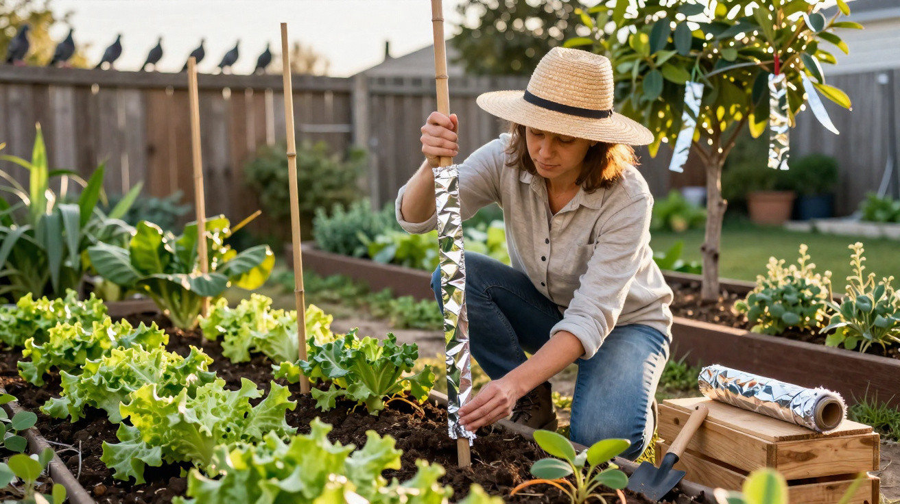 Mulher com chapéu a cuidar de plantas numa horta urbana com verduras e ferramentas de jardinagem.