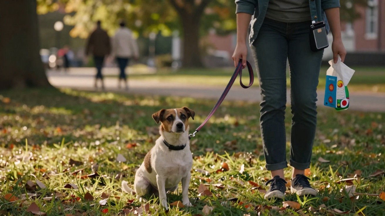 Pessoa passeando com cão pequeno numa coleira num parque com folhas caídas e pessoas ao fundo.