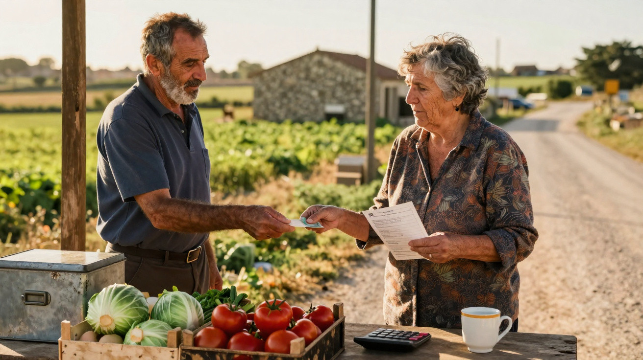 Homem e mulher idosos a negociar compra de legumes frescos numa feira ao ar livre.