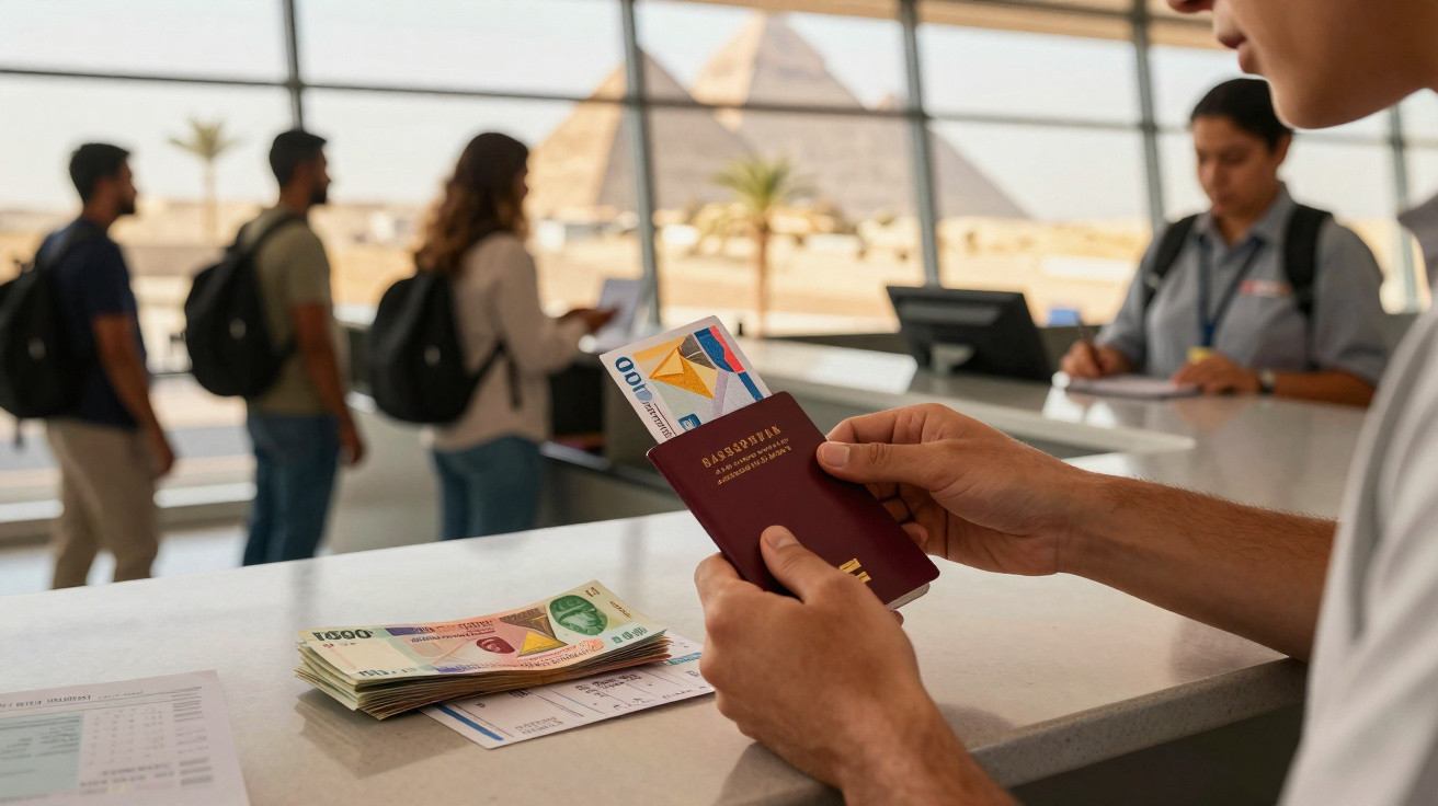 Pessoa a apresentar passaporte e bilhete num balcão de aeroporto com fila e pirâmide ao fundo.