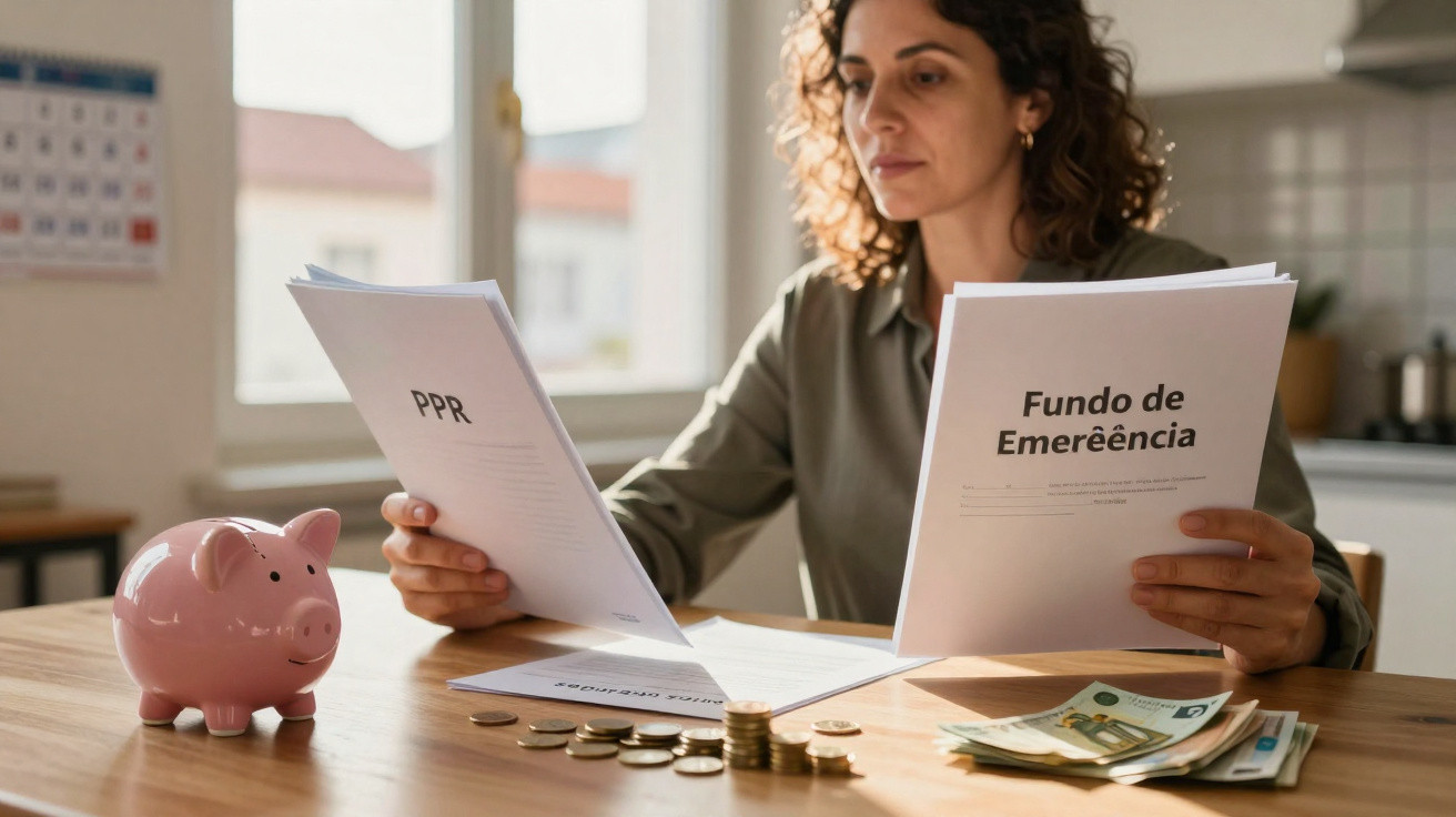 Mulher a analisar documentos sobre PPR e Fundo de Emergência, com moedas e notas na mesa.