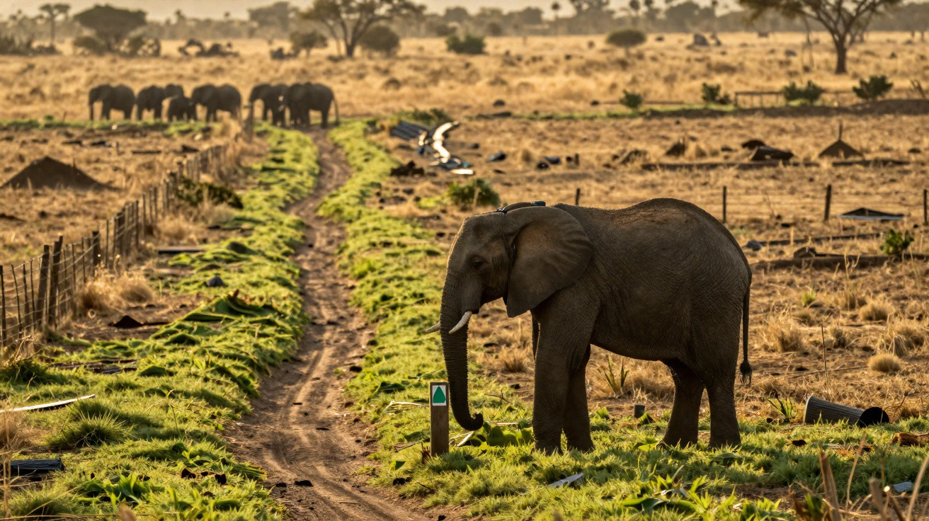 Elefante jovem em caminho verde com manada de elefantes ao fundo em paisagem seca africana.