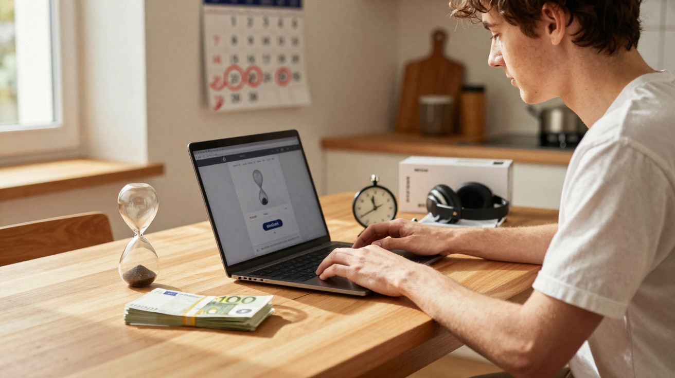 Homem sentado a usar computador portátil numa mesa com dinheiro, ampulheta e relógio.