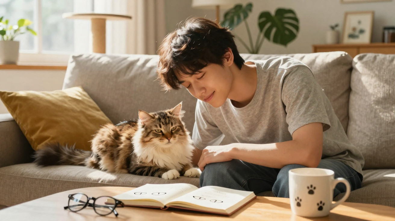 Jovem sentado no sofá a olhar para um gato ao lado, com livro aberto e chávena com patas de gato na mesa.