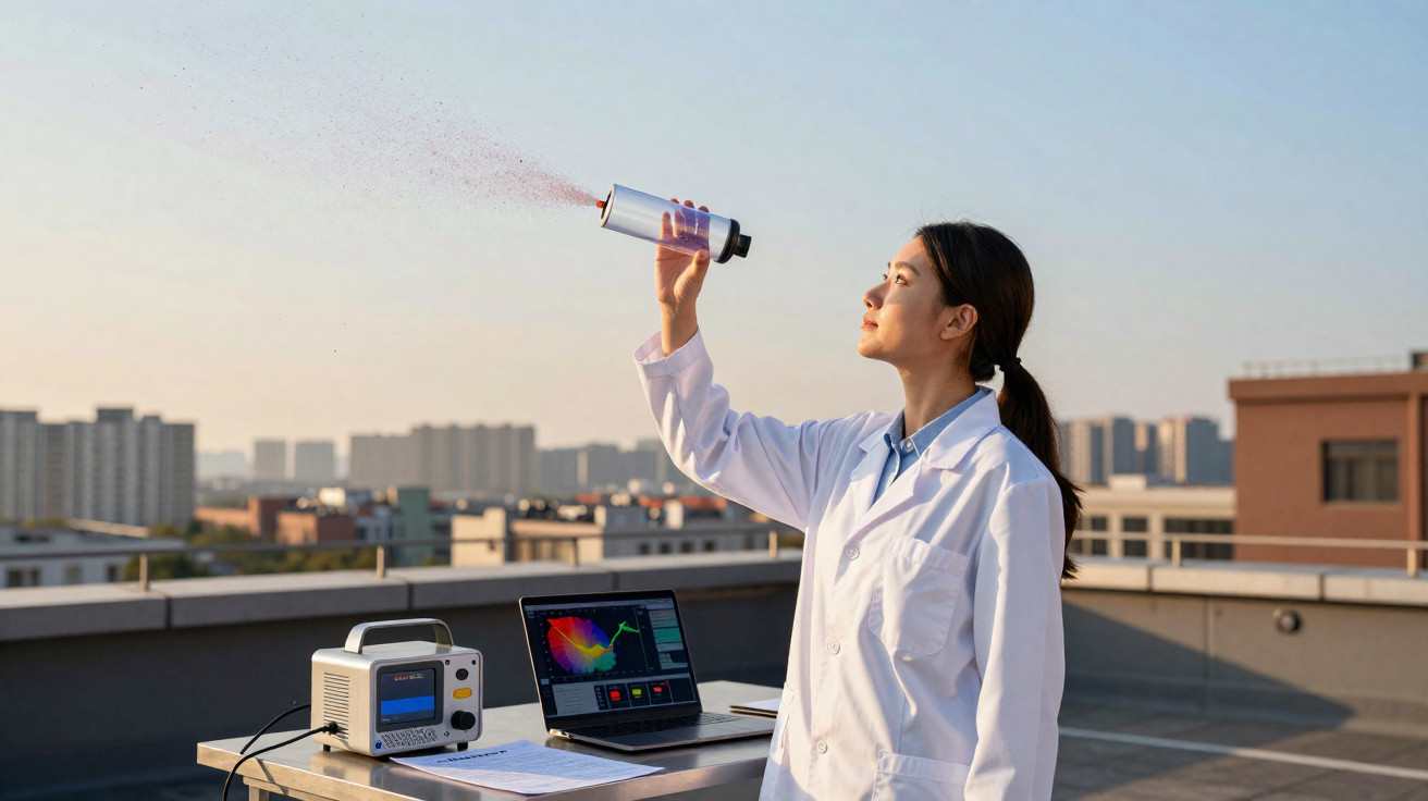 Cientista a analisar aerossol em spray num terraço com equipamento técnico e computador portátil.
