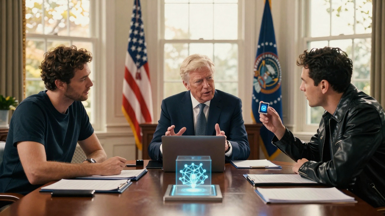 Três homens sentados à mesa numa sala oficial, com bandeiras dos EUA e tecnologia holográfica sobre a mesa.