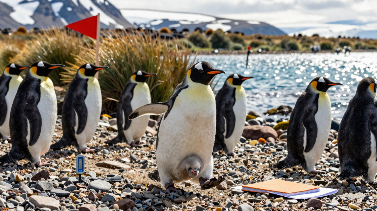 Pinguins imperadores em praia rochosa junto a lago, com pinguim adulto e pinguim bebé entre as patas.