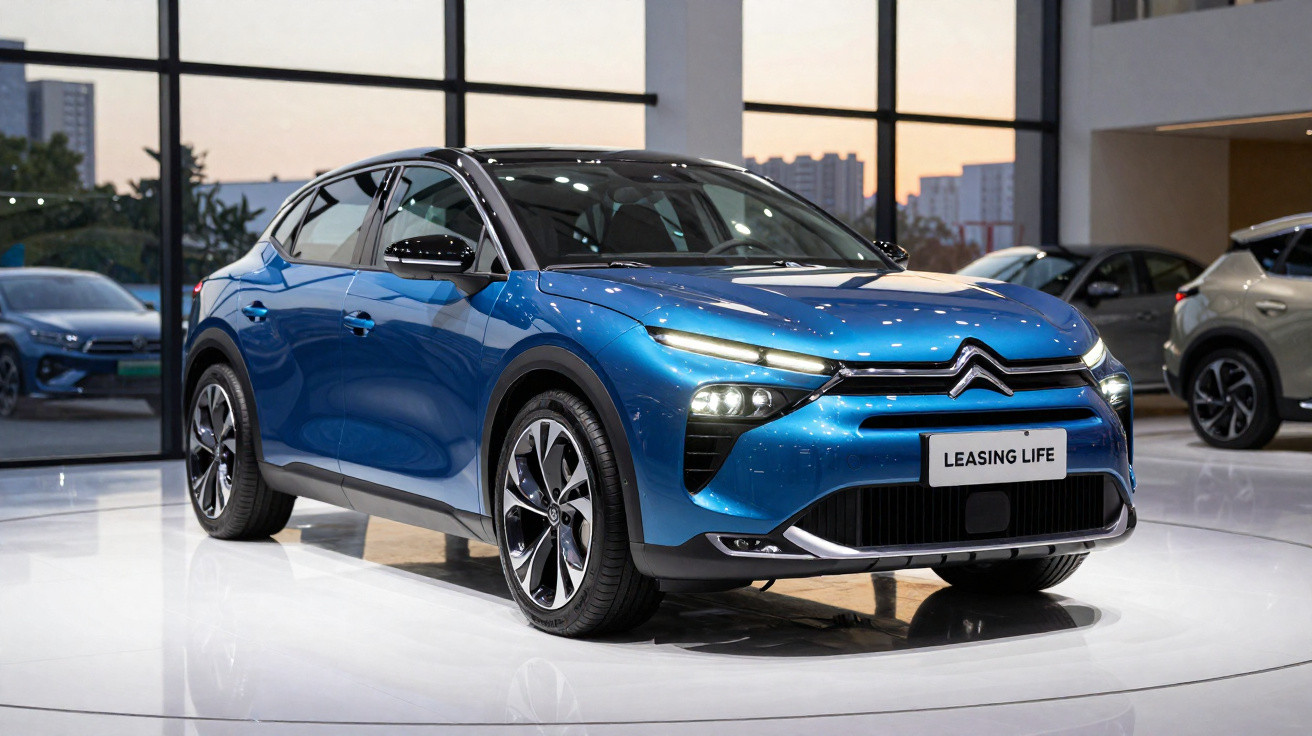 Carro Citroën azul exposto em salão automóvel com iluminação suave e janelas amplas ao fundo.