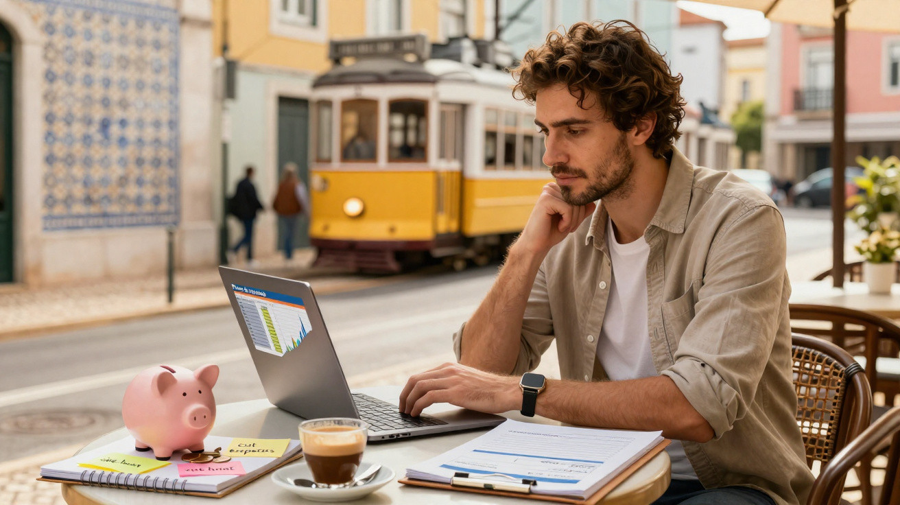 Homem a trabalhar num café ao ar livre em Lisboa, com elétrico amarelo ao fundo e documentos na mesa.