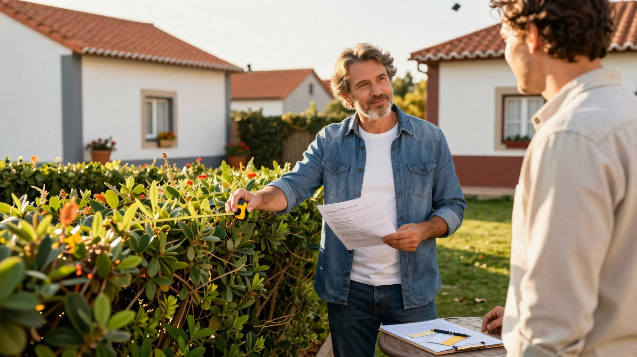 Homem a medir sebes com trena enquanto fala com outra pessoa num jardim residencial.