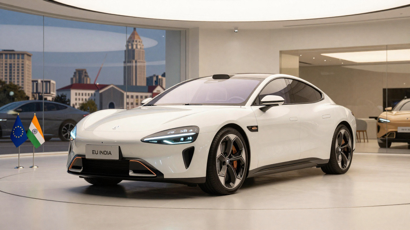 Carro elétrico branco moderno exposto em showroom com duas pequenas bandeiras da União Europeia e Índia.