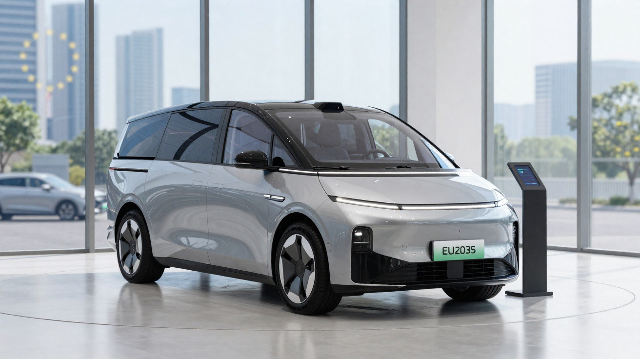Carro elétrico futurista cinza num showroom com painel de controlo digital lado direito.