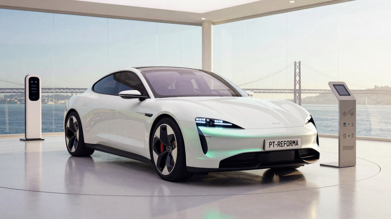 Carro elétrico branco moderno estacionado em ambiente fechado com vista para a ponte e carregadores.