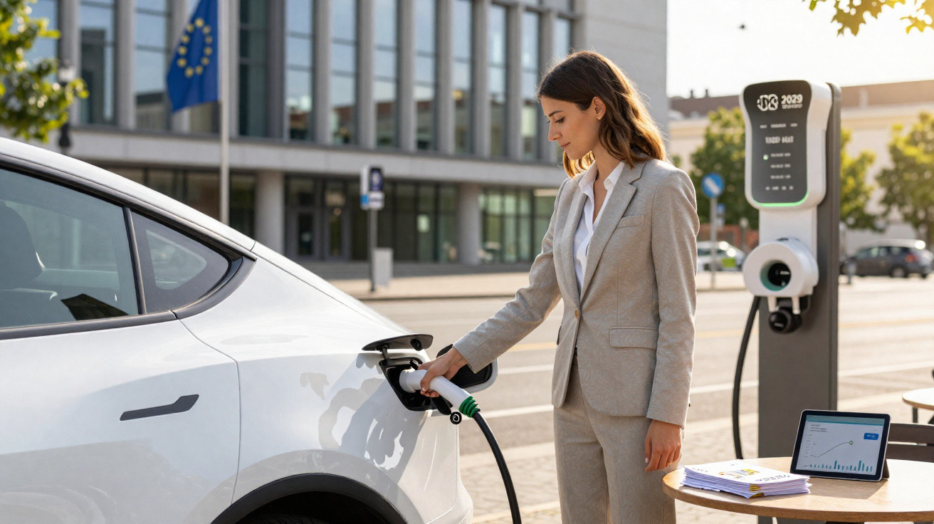 Mulher de fato cinzento a carregar um carro elétrico branco numa estação urbana de carregamento.