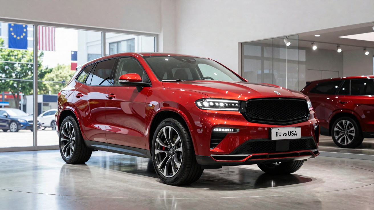 Veículo SUV vermelho brilhante em exposição interior com placa frontal "EU vs USA".