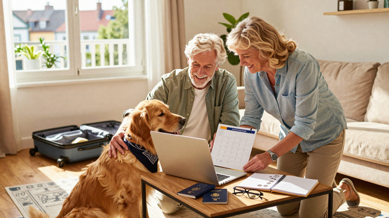 Casal sénior com cão prepara viagem em casa, junto a mala, passaportes e calendário no portátil.