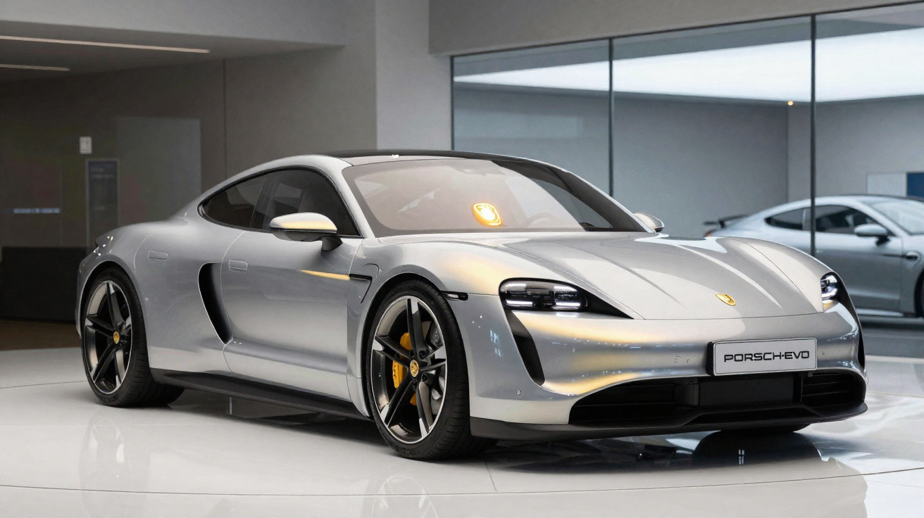 Carro desportivo elétrico Porsche Taycan prata exposto em showroom moderno com piso branco e paredes de vidro.