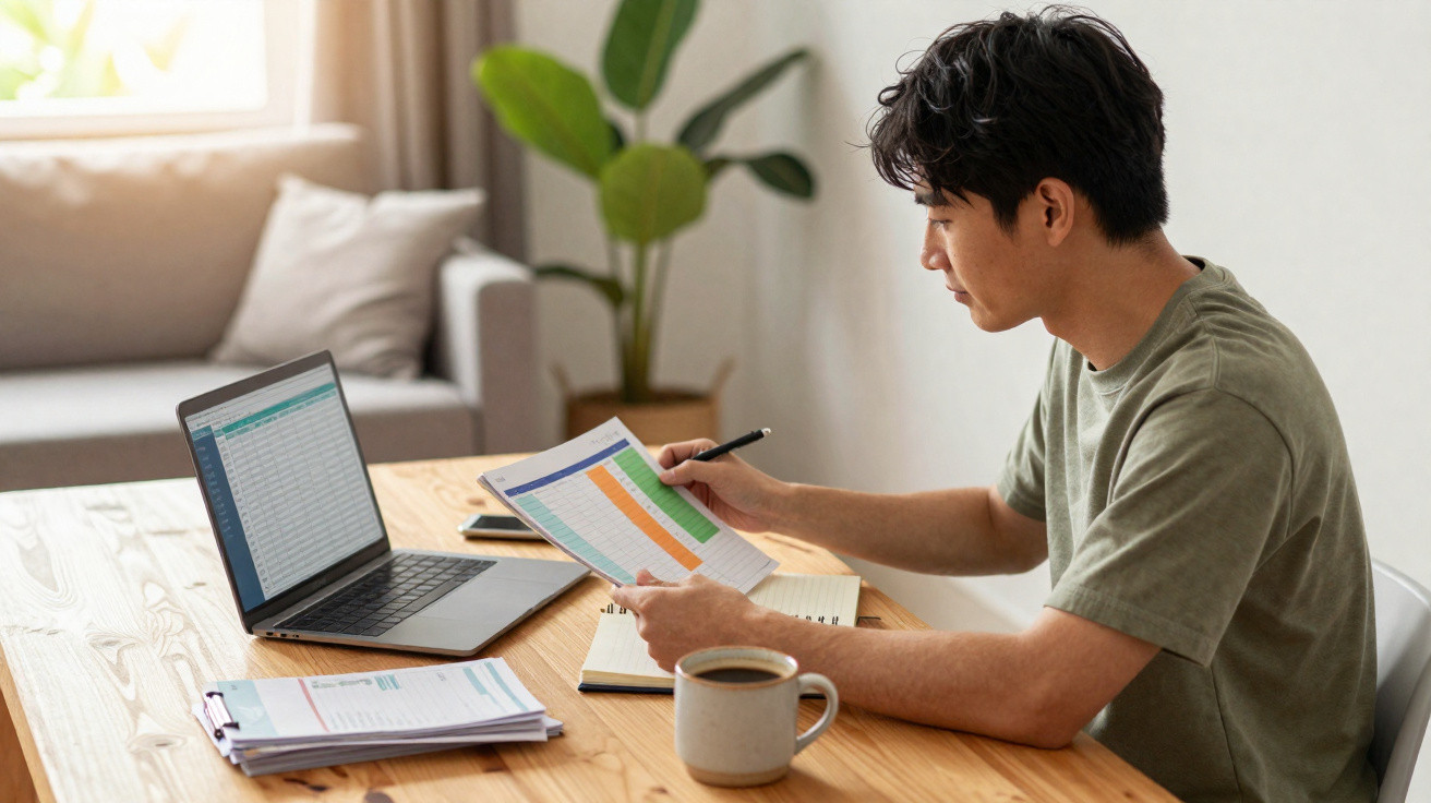 Homem a analisar gráficos e tabelas num ambiente de trabalho em casa com computador e café.