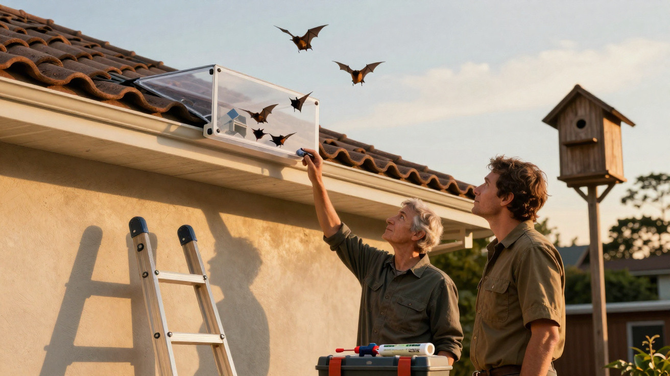 Duas pessoas libertam morcegos num dispositivo transparente no telhado de uma casa ao pôr do sol.