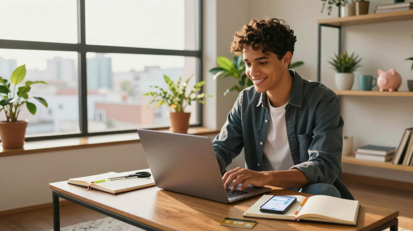 Jovem a sorrir enquanto trabalha num computador portátil numa mesa com cadernos, telemóvel e plantas à volta.