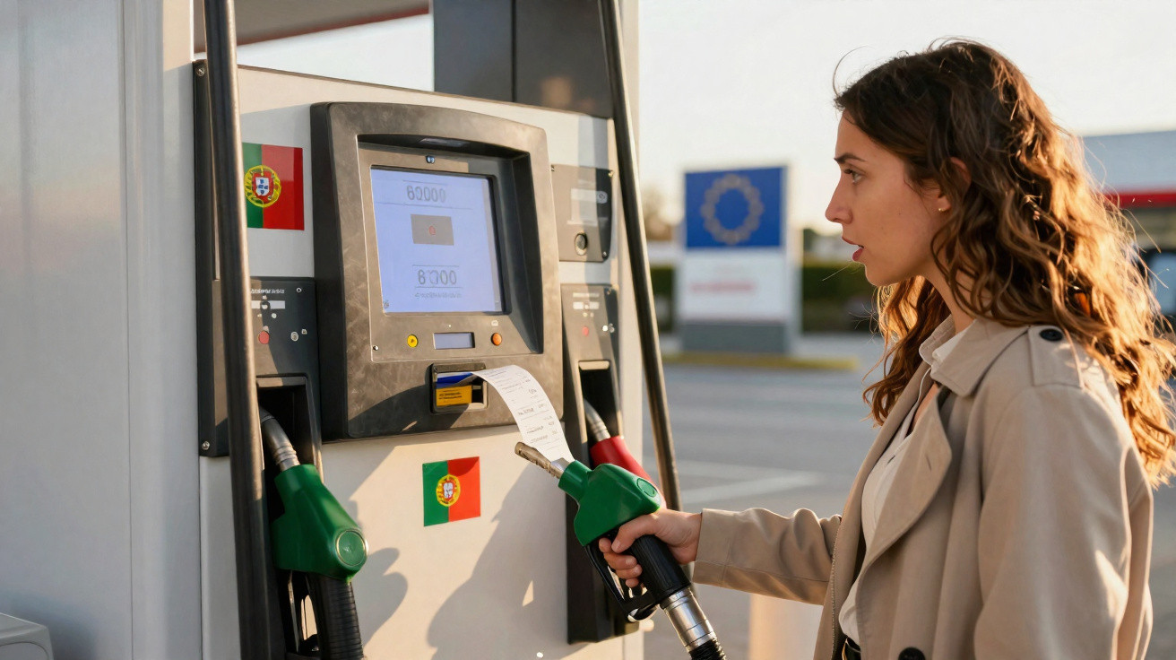 Mulher com casaco bege a colocar combustível numa bomba de gasolina numa estação de serviço.