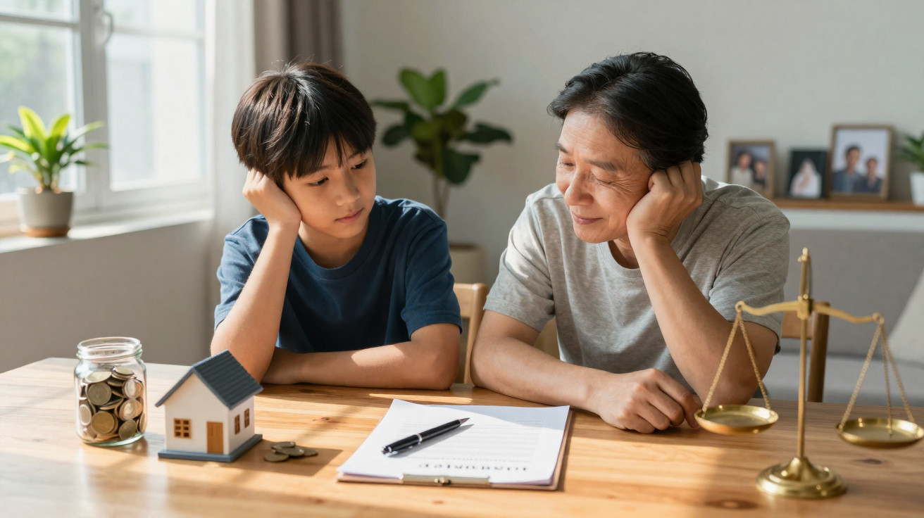 Pai e filho sentados à mesa com cofre com moedas, casa em miniatura, papel e balança dourada.