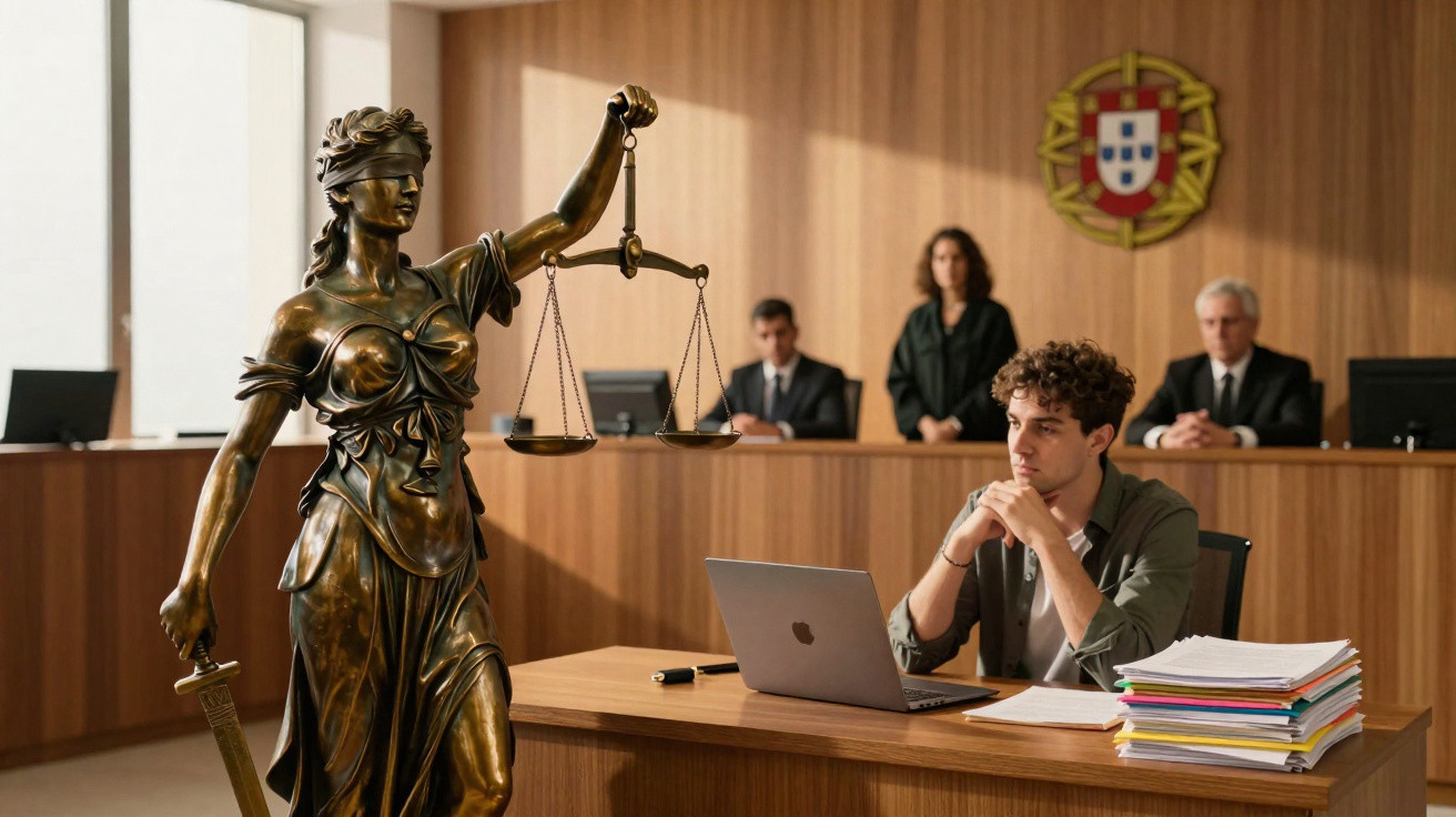 Estátua da Justiça em destaque com jovem pensando frente a laptop e juízes ao fundo numa sala de tribunal portuguesa.
